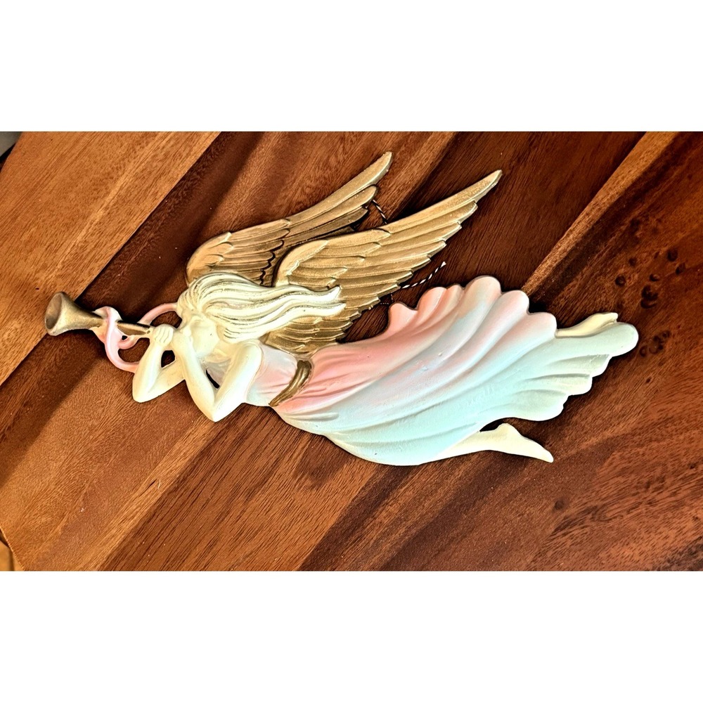 VTG Angel With Gold Trumpet/ Wings Pink & Blue Wall Hanging Cast Aluminum 12"